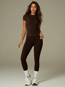 UONNOU Sporty Sculpting Loungewear Set | Stretchy Slim Fit Activewear - Coffee Brown - View 10
