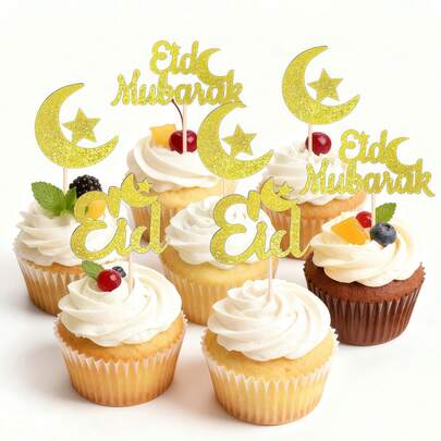 5pcs/10pcs/20pcs Gold Eid Mubarak Cupcake Toppers, Suitable For Eid, Ramadan Party Cupcake Decorations