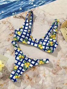 Bộ bikini 2 mảnh thời trang gợi cảm họa tiết chanh kẻ caro xanh trắng - Quần cạp cao bản rộng + Áo hở lưng | Đồ bơi thể thao phong cách retro cho kỳ nghỉ biển - Màu xanh lam - Xem 5