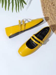 Yellow Mary Jane Vintage Style Double Strap Buckle Flat Shoes, Spring/Autumn - Turmeric - View 4