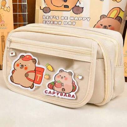 7pcs Set, Including Pencil Case & Doll, 5pcs Stickers, Cute Hamster Pencil Box, Multi-Layer Hamster Pencil Box, Hamster Brooch Hamster Bag, For Organizing School Items, Pens, Rulers, Erasers, Home Decor, (5pcs Stickers Random)