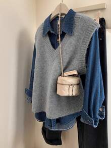 JIANHU 浅灰色 V 领针织毛衣背心 - 秋冬、办公室派对和休闲周末 - 灰色 - 查看 1