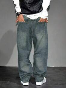 Men's Casual Vintage Loose Fit Jeans With Pockets - Rửa trung bình - Xem 2
