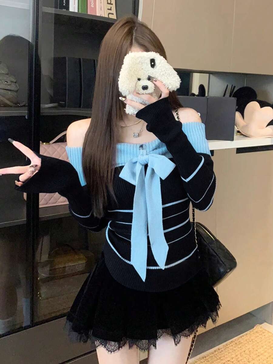 秋冬露肩针织毛衣,带系带定位孔,撞色条纹修身女式套头衫,适合冬季、圣诞节、春节和新年穿着。 - 藍黑色 - 查看 1