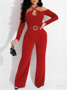 ChicMe Womens Rhinestone Cross Drop Cut Out Halter Neck Cold Shoulder Long Sleeve Jumpsuit Zipper Back Design With Belted Long Pants Chic Party Date Festival Outfit - Red - View 4