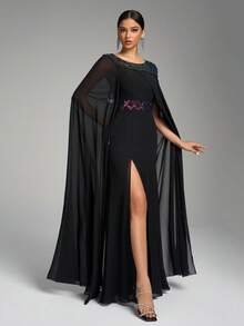 SUPGIR Váy voan cổ tròn, viền lưới ở eo, đính sequin và tay áo dài bồng bềnh - màu đen - Xem 5