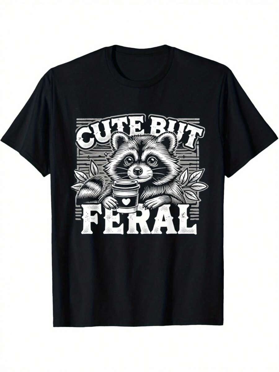 Camiseta de Hombre Panda Vacaciones de Verano Emoticon de Mapache Lindo y Salvaje - Negro - Ver 1