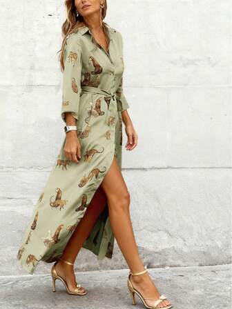 Autumn/Winter Fashion New Arrival Button-Down Collar Animal Leopard Print Satin Maxi Dress, Elegant Long Sleeve Casual Shoulder Dress With Belt, Suitable For Commuting, Minimalism, Office Wear, Retro, Simple, French Style
