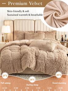 3pcs Solid Color Fluffy Comforter Set, Includes 1pc Plush Comforter Cover And 2pcs Pillow Shams, Suitable For Bedroom, Guest Room, Sizes: Super King, King, Queen, Twin, Christmas Gift - Earthy - View 4