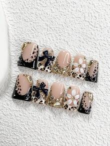 10Pcs/Pack Handmade Y2K Style Nail Tips, Milky & Black Color With French Tips, Bow, Rhinestone, Manual Flower Designs Decoration, Leopard Press On Nails,3 Sizes Available, Almond Nails, Duck Nails, Coffin Nails, Comes With Nail Tools(1 Sheets Jelly Stickers+1PC Nail File)Suitable For Women & Girls Party, Wedding, Daily Wear, Including Nail Tools, Great Gift For Ladies Press On Nails Nail Supplies Nails - 彩色 - 查看 12