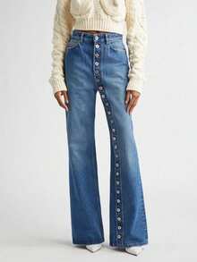 Women's Button-Front Straight Jeans - Full Length Button Detail, Mid-Rise Classic Denim Trousers - Medium Wash - View 3