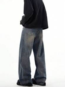 1pc Men's Fashionable Loose Vintage Washed Wide-Leg Casual Jeans (No Belt Or Accessories) - Dusty Blue - View 5