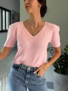 Modal Knit Blouse With V-Neck - Summer 2026 - Rosa Pálido - Ver 2