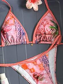 2 piezas Traje de baño tipo bikini con estampado geométrico y floral de estilo casual, lindo, elegante y sexy bohemio con nudo delantero, para primavera/verano