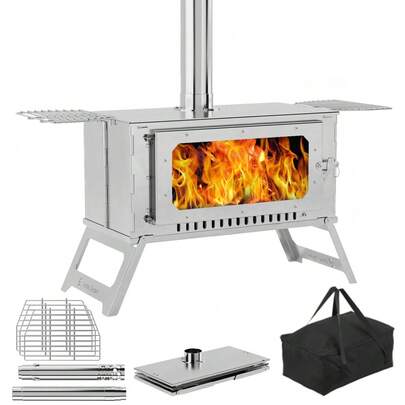  TEQIN Portable Cast Iron Wood Stove With 5 Stainless Chimney Pipes,Camping Wood Burning Stove,Hot Tent Stove With View Glass,Tent Stove For Outdoor Cooking Heating