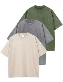 Three-Piece Solid Color T-Shirts Fashion Retro Men's T-Shirts 230g Heavyweight Cotton Dropped Shoulder Design Unisex Short-Sleeve T-Shirts For All Seasons Casual Occasions Gift For Boyfriend 100% Pure Cotton Streetwear Designed For Young People Ideal Gift Between Friends Men's Clothing Men's T-Shirts - 綠色+灰色+杏色 - 查看 16