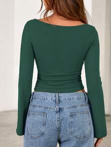 Fall New Arrival Women's Long-Sleeve Top Crop-Top Style Casual Outerwear Boat Neck With Bell Sleeves Ribbed Pleated Design Millennial-Inspired Fashion - 墨綠色 - 查看 2