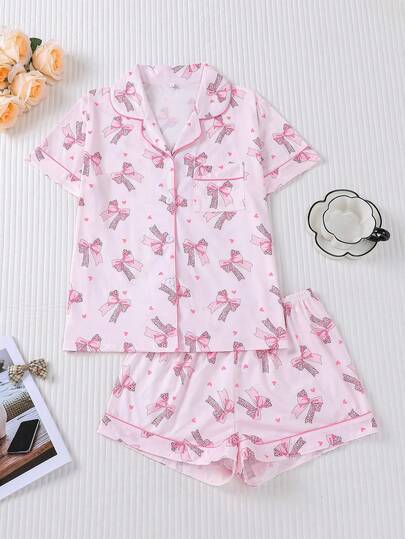 2pcs Women's Sleepwear Set, Leopard Print, Bow & Heart Pattern, Romantic Valentine's Day Gift, Comfortable Shirt Collar Short Sleeve Top And Loose Elastic Shorts, Suitable For Parties, Casual Outdoor And Home Wear
