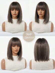 12 Inch Ombre Brown Wig Short With Bangs Natural Looking Synthetic Wigs For Women Daily Wear Girl Wig Gift - Brown Ombre - View 7