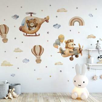 Pegatinas de pared autoadhesivas con diseños de osos globo, conejos, nubes, globos aerostáticos y flores para la sala de estar y el dormitorio