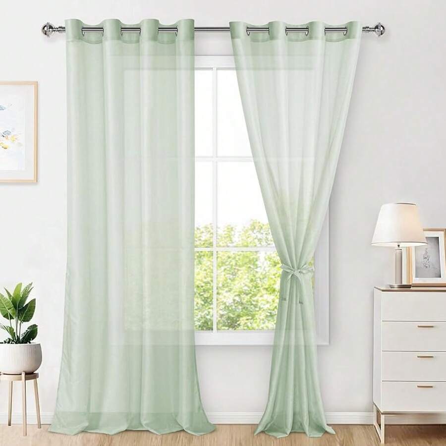 Hiasan Set Of 2 Sheer Voile Curtains Living Room With Eyelets Curtains Panel Curtains Transparent Airy Decorative Curtain For Bedroom 240 X 140 Cm (H X W) White - 鼠尾草綠 - 查看 1