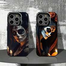 Funda de Teléfono de Chica Calavera Catrina Mexicana para 17,16,15,14,13,12,11,Pro,Max,Plus,E Cubierta Negra Mate a Prueba de Golpes - Z1 - Ver 3