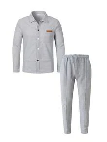 2pcs Men's Casual Patchwork Contrast Color Pocket Turndown Collar Long Sleeve Shirt + Long Pants Set, Lightweight Casual Sports Vacation Outfit, Spring/Autumn - 灰色 - 查看 2