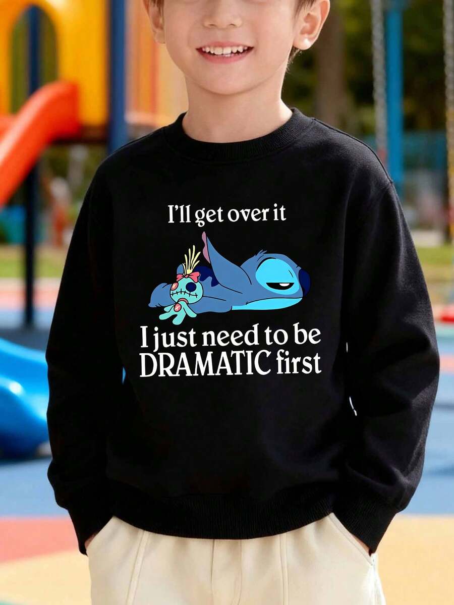 Disney Stitch's Funny Mood: "Act First, Then Let Go" Pattern Print, Soft And Warm Boys' Hoodie, Suitable For Daily Casual, Family Outings And Other Scenarios. - 黑色 - 查看 1