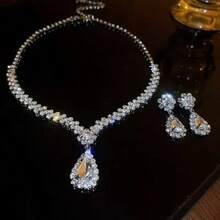 Sparkling Crystal Necklace & Earrings Set, Geometric Waterdrop Pendant Necklace, Bridal Wedding Jewelry - Silver - View 4
