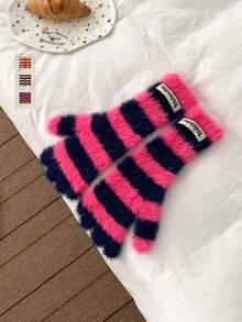 1 Pair Cute Rainbow Striped Faux Fur Knitted Fingerless Gloves For Women, Autumn/Winter, Student, Cycling, Warm, Touchscreen - Striped Faux Rabbit Fur Knitted Gloves - View 7