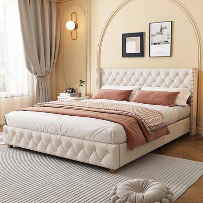 Upholstered Bed 180 X 200 Cm With Slatted Base And Headboard, Button And Decorative Nailhead Trim, Wooden Legs, Linen, Beige