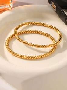 1件/2件/3件 简约复古球形竹结不锈钢镀金手镯，女士日常配饰，送给女孩、女士、亲戚、朋友的礼物，生日、情人节礼物 - 金色 - 查看 9