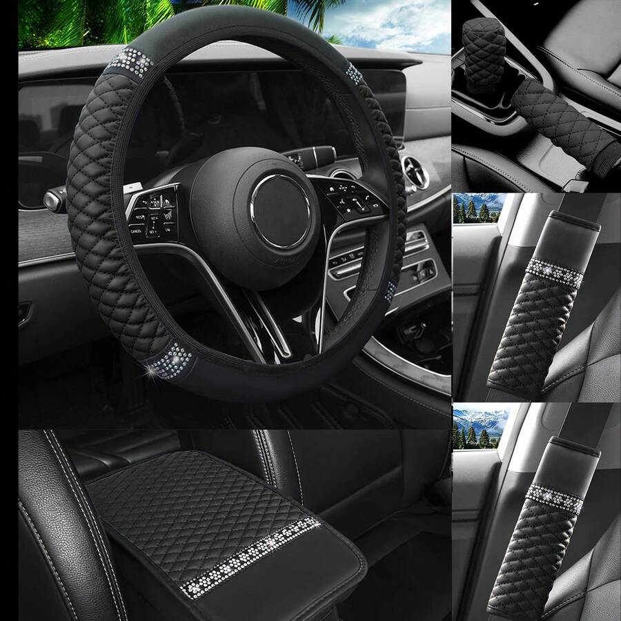 6件套PU皮革镶钻汽车方向盘套、换挡杆套、扶手套、扶手套 - 均碼 - 查看 1