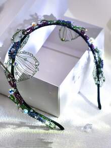 1pc Crystal Headband, Handmade Beaded Fairy Butterfly Headpiece, Suitable For Bride, Wedding, Party, Date, Birthday, Casual Wear - Green - View 6