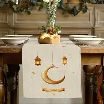 1 Piece Of Ramadan Themed Table Runner, Gold Lantern Moon Print Tablecloth, Polyester Rectangular Tablecloth With Crescent, Star, And Lantern Design, Suitable For Kitchen, Dining, Party, And Home Decoration, Rural Festival Decoration, With Various Sizes To Choose From, Making It An Ideal Choice As A Gift.