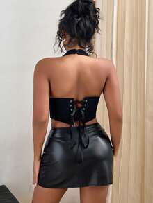 Rave Y2K V领带骨撑孔眼前系带露背吊带塑身衣短款背心，适合女性外出派对穿着 - 黑色 - 查看 2