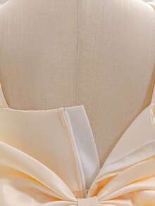 Baby Girls V-Neck Bow Ruffle Mesh Cute Wedding Dress, Suitable For Birthday Party, Excluding Headband - Champagne - View 9