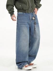 1 pieza Pantalones vaqueros holgados y lavados de estilo casual y ancho para hombre de la marca Justice Brother (cinturón y accesorios no incluidos) - Azul - Ver 4