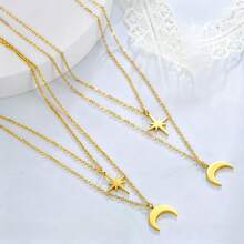 1 Set Collar de capas de oro para mujer, colgante de estrella & luna, chapado en oro de 18K, adecuado para regalos, accesorio de collar exquisito para uso diario & festivo - Dorado - Ver 9