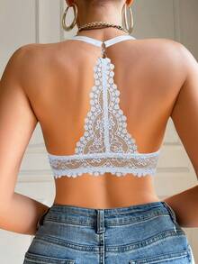 Pfirsich Mädchen Damen Vorderverschluss Spitzen Unterbügel-BH mit Push-up-Effekt - U-förmiger schöner Rücken, Rückenkurvenformung, Brustvergrößerung & Hebung, sexy & bequem, modisch für den täglichen Gebrauch & besondere Anlässe - Weiss - Übersicht 4
