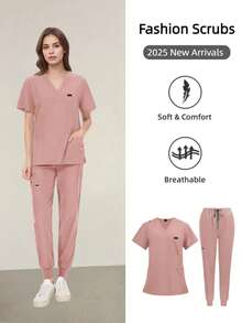 女士工作制服套装 - V领上衣和运动裤，侧边带拉链口袋，抗起球透气，粉色春季工作服 - 粉色 - 查看 5