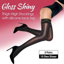 Medias altas transparentes brillantes hasta el muslo, 2 pares de medias de lencera sedosas para mujer con encaje de silicona Stay - CH-M + 1 Par Natural, 1 Par negro - Ver 2
