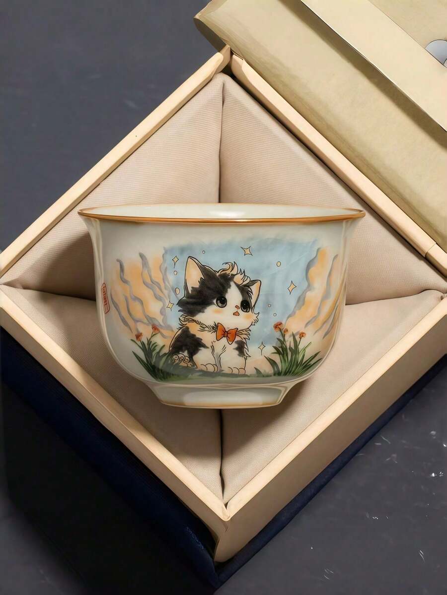 Ru Kiln Cute Cat Round Ding Tea Cup, Master Cup, Crackle Glaze, High-End Gongfu Tea Cup, Single Tea Cup, Water Cup - 彩色 - 查看 1