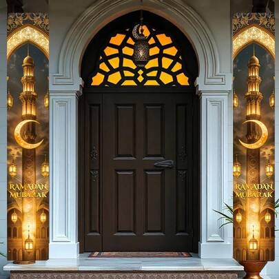 2件套开斋节快乐门挂横幅 - 涤纶材质，金色月亮和灯笼图案，适用于家居装饰、斋月派对用品、伊斯兰斋月节装饰，无需用电