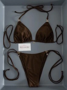 2pcs Solid Color Personalized Women's Bikini Fashion Beach Swimwear Set, Metal Decor, Drawstring Halter Design, Suitable For Beach, Pool, Cruise, Party, Spring/Summer, Elegant & Sexy Vacation - Brown - View 6