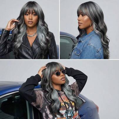 女士长卷发刘海假发，灰绿色渐变黑色层次卷发假发，采用耐热合成纤维制成，时尚独特，适合日常佩戴、度假、音乐节、派对和角色扮演。