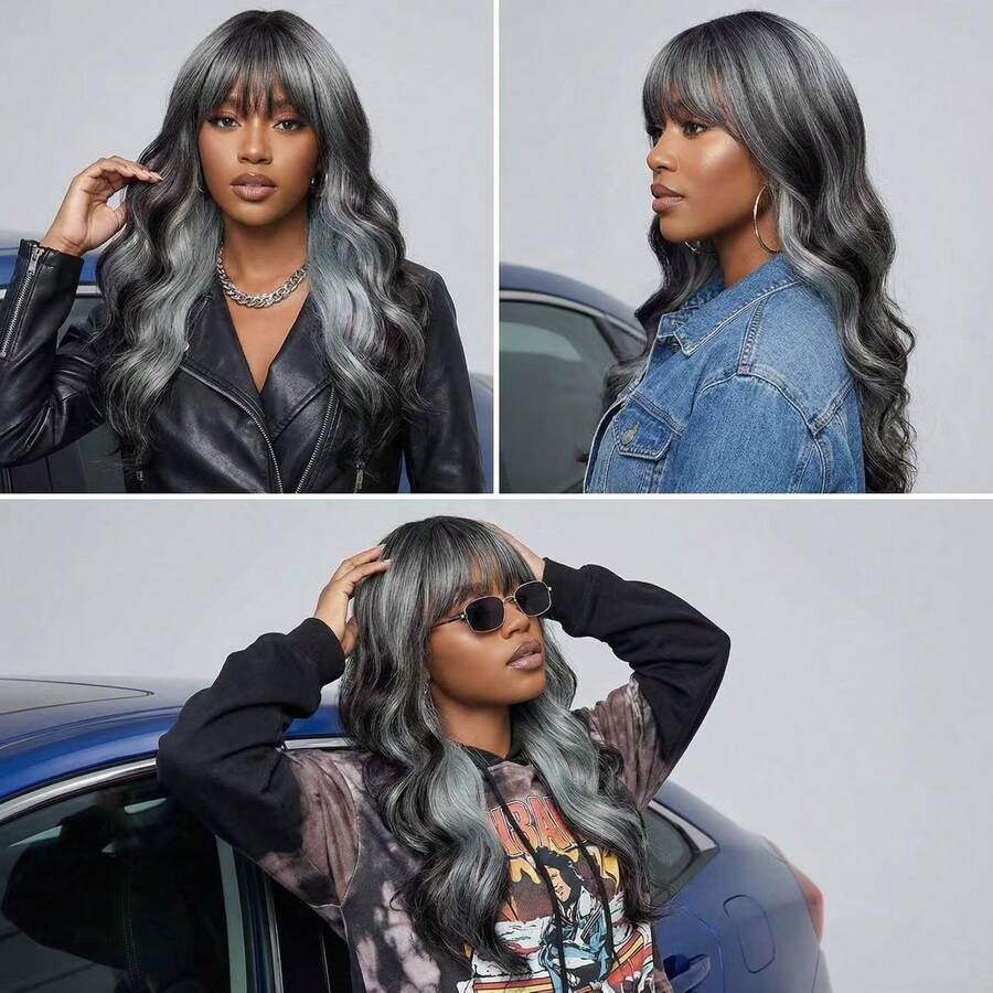 Women's Long Curly Hair With Bangs, Gray-Green Gradient Black Layered Curly Wig, Made Of Heat-Resistant Synthetic Fiber, Fashionable And Unique, Suitable For Everyday Wear, Vacations, Music Festivals And Parties, And Cosplay. - Ombre - View 1
