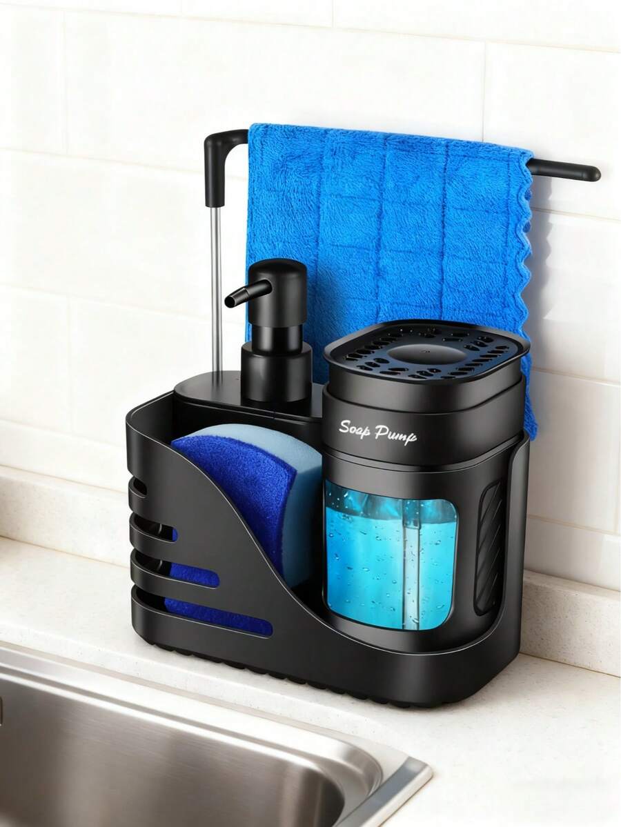 4-In-1 Kitchen Sink Countertop Soap Dispenser Set With Sponge Holder And Towel Rack, Practical Kitchen And Bathroom Small Tool, Creative Kitchen Soap Dispenser, Kitchen Organization