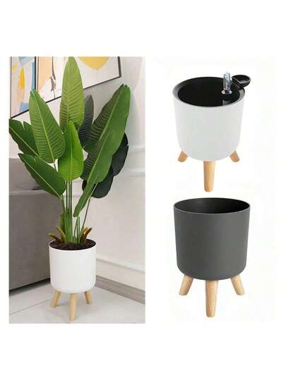 Chậu trồng cây tròn đặt sàn có hệ thống thoát nước, chân gỗ, thích hợp trồng thảo mộc, bonsai, kiểu dáng hiện đại, lý tưởng cho vườn ươm.