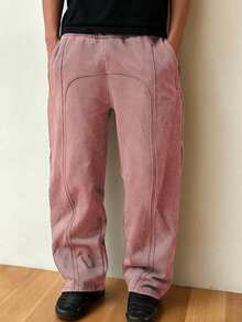 Men's Casual Solid Color Drawstring Waist Sports Pants, All Season - Pink - View 2